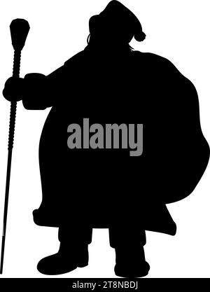 Shape of Santa Claus with a bag behind his back and a staff.  Vector illustration brings to life the charming image of Santa Claus in fur coat Stock Vector