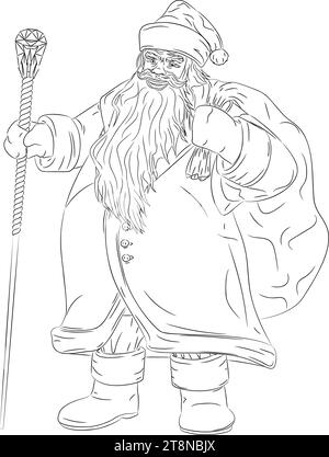 Line art of Santa Claus with a bag behind his back and a staff.  Vector illustration brings to life the charming image of Santa Claus in fur coat Stock Vector