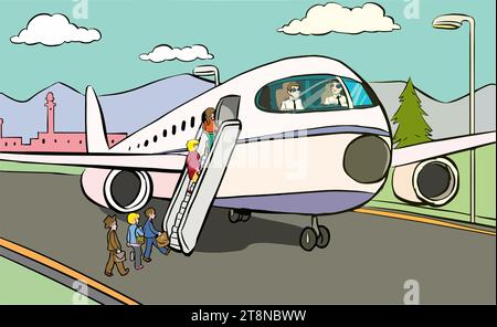 Airplane in sky. Flying civil aircraft transport in clouds vector flat background. Plane fly sin sky clouds, airplane flight transportation Stock Vector