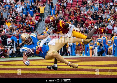 USC Trojans safety Calen Bullock (7) breaks up a pass intended for UCLA Bruins tight end Moliki Matavao (88) during a NCAA football game, Saturday, No Stock Photo