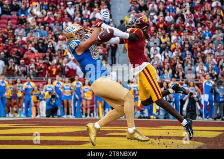 USC Trojans safety Calen Bullock (7) breaks up a pass intended for UCLA Bruins tight end Moliki Matavao (88) during a NCAA football game, Saturday, No Stock Photo