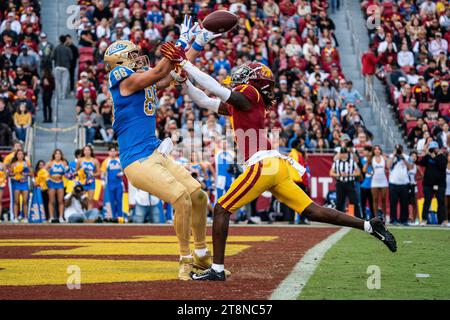 USC Trojans safety Calen Bullock (7) breaks up a pass intended for UCLA Bruins tight end Moliki Matavao (88) during a NCAA football game, Saturday, No Stock Photo