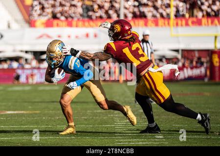 UCLA Bruins wide receiver Logan Loya (17) is defended by USC Trojans linebacker Mason Cobb (13) during a NCAA football game, Saturday, November 18, 20 Stock Photo