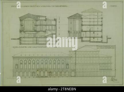 Reichenberg (Liberec, North Bohemia), German People's House, preliminary project, front view and cross sections, Alfred Castelliz (Celje 1870 - 1940 Vienna), 1926, architectural drawing, Aquafix; Preliminary pencil drawing and pen and ink drawing (black), 33.3 x 47.6 cm, 'DRAFT FOR A GERMAN VOLKSHAUS IN REICHENBERG./ 1: 200./ PROBABLE FORM OF THE SPARKASSE BUILDING./ AC/ I. 1926', depiction descriptions, cut details, quotations Stock Photo