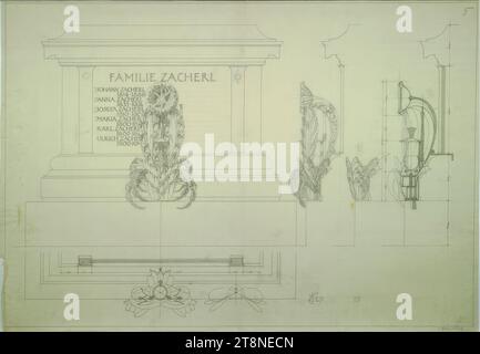 Vienna, Döblinger Friedhof, Zacherl tomb, completion, ground plan, elevation and sections, Alfred Castelliz (Celje 1870 - 1940 Vienna), 1927, architectural drawing, Aquafix; Pen drawing (black), 50.7 x 72.9 cm Stock Photo