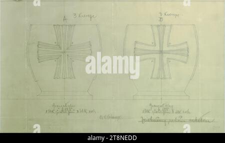 Vienna, Döblinger Friedhof, Zacherl tomb, completion, oil container, elevation, Alfred Castelliz (Celje 1870 - 1940 Vienna), around 1929, architectural drawing, aquafix; Pencil drawing, 21.8 x 37.7 cm, 'A/ 3 crosses/ B/ 3 crosses/ garnet glass/ at S 185-/ 1 piece cut 3 pieces raw./ garnet glass/ at S 185.-/ 1 piece cut 3 pieces raw/ J. e. L. Lobmeyr./ drawing below work Stock Photo