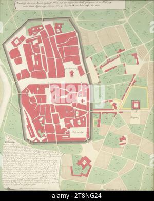 Vienna I, Hofburg, Aman reconstruction, reconstructed ground plan of the city of Vienna between 1198 and 1230, 1823, plan, graphite (preliminary drawing); black and sepia pen; multicolored wash, sheet: 58.4 x 50.8 cm, recto: 'I.'; 'Floor plan of the K: K: Residenz Stadt Wien, with the K: K: Hofburg outside the city., under which reign, years of Duke Leopold VII. from the year 1198. to 1230.'; designated building areas; Legend verso: 'K.288 Stock Photo