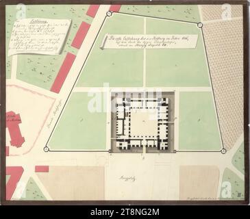 Vienna I, Hofburg, Aman reconstruction, Swiss wing, reconstructed ground floor plan in 1216, 1823, plan, graphite (preliminary drawing); pen and ink in black; pen in red; multicolored wash, sheet: 39.5 x 47.8 cm, recto: 'III'; 'The first creation of the K: K: Hofburg in 1216, on the site of the current Schweitzerhof, built by Duke Leopold VII.'; '1st period'; Parts of the building and open spaces inscribed, with an explanation on the reverse: 'K. 288 Stock Photo