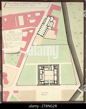 Vienna I, Hofburg, Aman reconstruction, reconstructed ground floor plan between 1358 and 1365 (with Augustinian Church), 1823, plan, graphite (preliminary drawing); pen and ink in black; pen in red; multicolored wash, sheet: 58.2 x 48 cm, recto: 'VII.'; 'The K:K:Hofburg under Rudolph IV from 1358. to 1365., Contains the formal construction of the K:K:Hofkapelle'; Buildings and open spaces marked or inscribed, with an explanation on the reverse: 'K. 288 Stock Photo