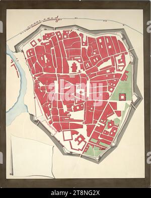 Vienna I, Hofburg, Aman reconstruction, copy based on the reconstructed ground plan of the city of Vienna from 1529, 1823, plan, graphite (preliminary drawing); pen in black; multicolored wash, sheet: 65.2 x 52.7 cm, verso: 'K. 288 Stock Photo