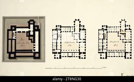 Vienna I, Hofburg, Aman reconstruction, Swiss wing, reconstructed ground plan of basement, ground floor and mezzanine, 1823, plan, graphite (preliminary drawing); pen and ink in black; multicolored wash, sheet: 24.5 x 41.5 cm, recto: 'X'; '5th period'; 'Plan of the Earth N°: 2.'; 'Mezzanine N°: 3.'; 'Main Floor N°: 4.' verso: 'K.288 Stock Photo