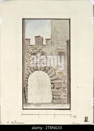 Vienna I, Hofburg, Aman reconstruction, reconstructed view of a castle gate, 1823, architectural drawing, graphite (preliminary drawing); pen in black; multicolored wash, sheet: 19.4 x 14.5 cm, recto: 'II.'; '1st period' verso: 'K. 288 Stock Photo