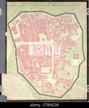 Vienna I, Hofburg, Aman reconstruction, reconstructed floor plan of the city of Vienna between 1276 and 1308, 1823, plan, graphite (preliminary drawing); pen in black; multicolored wash, sheet: 58.4 x 50.8 cm, recto: 'V.'; 'Draft of the floor plan of the K: K: Residenz Stadt Wien, during the reigns of Emperor Rudolph I of Habspurg, and Emperor Albrecht I from 1276 to 1308.'; '2nd period'; designated building areas; Legend verso: 'K. 288 Stock Photo