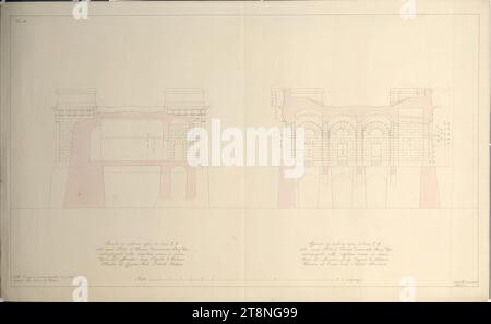 Wien I, Hofburg, Äußeres Burgtor, Projekt, Längsschnitte, um 1818-1821, Plan, Kreide (Vorzeichnung); Feder in Schwarz und Rot; rosa laviert, Blatt: 61.7 x 100.4 cm, 'Pl.a IX.a', 'Cut in contour above the line E F, of the new Vienna Gate called Burg Thor, marked with the respective measurements in numbers, Work of the Marquis Luigi Cagnola Milanese, Member of the Cesareo Reale Istituto Italiano.', 'Cut in contour above line C D, of the new Vienna Gate called Burg Thor, marked with the respective measurements in numbers, Work of Marquis Luigi Cagnola Milanese Stock Photo