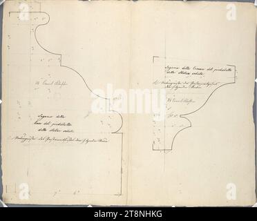 Vienna I, Hofburg, inner courtyard, Emperor Franz monument, profiles of the pedestal cornice and the pedestal foot of the seated figures, Pompeo Marchesi (Saltrio near Varese 1789 - 1858 Milan), 1841, plan, graphite (preliminary drawing); Pen and black ink, sheet: 43.5 x 54.2 cm, both profiles with dimensions and Italian and German inscription: 'Segoma della Cimesa del piedestallo dello Statua seduta'; 'Sagoma della basa del piedestallo delle statue sedute Stock Photo