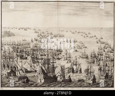 Vertooninge van de ontsachlyke Spaansche krygs vloot, in den jaare 1588 - The mighty display of the Spanish armada in 1588 (Jan Luyken). Stock Photo