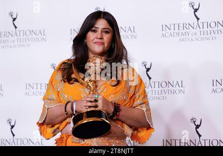 New York, United States. 20th Nov, 2023. Indian television producer Ekta Kapoor poses with 'The Directorate Award' in the press room at the 51st International Emmy Awards at New York Hilton Midtown in New York City on Monday, November 20, 2023. Photo by John Angelillo/UPI Credit: UPI/Alamy Live News Stock Photo