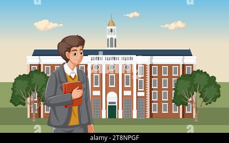 A man named Oppenheimer standing in front of Harvard University Hall holding a book Stock Vector