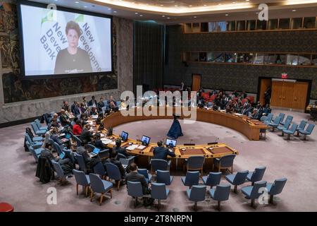 New York, USA. 20th Nov, 2023. President of New Development Bank Dilma Rousseff speaks via video link during SC meeting on Maintenance of international peace and security at UN Headquarters in New York on November 20, 2023. (Photo by Lev Radin/Sipa USA) Credit: Sipa USA/Alamy Live News Stock Photo