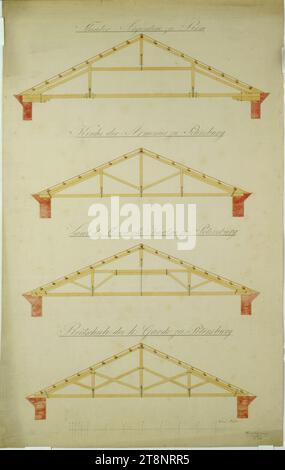 Rome, Teatro Argentine, St. Petersburg, Armenian Church, Hall of the Smolny Convent and Riding School of the Royal Guard, roof trusses, cross sections, Carl von Hasenauer (Vienna 1833 - 1894 Vienna), January 22, 1850, architectural drawing, pencil, pen in black, watercolour, sheet: 60.4 cm x 37.9 cm, 'Theatre Argentine zu Rom', 'Church of the Armenians in Petersburg', 'Hall of the Convent Smolni (sic) in Petersburg', 'Riding school of the k: Guard in Petersburg Stock Photo