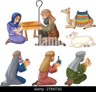 A vibrant vector illustration depicting the birth of Jesus in a cartoon style Stock Vector