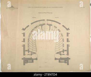 Vienna I, Burgtheater, auditorium, 1st and 2nd tier, boxes, floor plan, Carl von Hasenauer (Vienna 1833 - 1894 Vienna), architectural drawing, break, x mm, 'K. K. HOFBURGTHEATER/ IN VIENNA.', 'PLANS OF THE IRON CONSTRUCTIONS AND THE STAGE MACHINERY.', 'Sheet No. 20.', 'Floor plan of the 1st and 2nd tier boxes.', 'Covered.', 'Top view Stock Photo