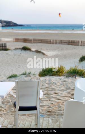 View from a terrace, lounge bar to the beach and the sea, Tarifa, Strait of Gibraltar, Costa de la Luz, Andalusia, Spain Stock Photo