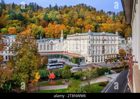 Grandhotel Pupp on the banks of the Tepla in autumn, Karlovy Vary, West Bohemian Spa Triangle, Karlovy Vary Region, Bohemia, Czech Republic, Unesco Stock Photo