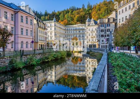 Grandhotel Pupp on the banks of the Tepla in autumn, Karlovy Vary, West Bohemian Spa Triangle, Karlovy Vary Region, Bohemia, Czech Republic, Unesco Stock Photo