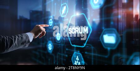 Businessman presses a button Scrum process software development outline concept. Stock Photo