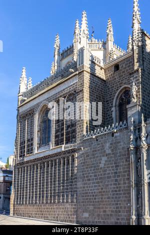 Synagogue of Santa Maria la Blanca (Ibn Shoshan Synagogue) in Toledo, Spain, Renaissance brick facade with towers and carved spires, porticoes. Stock Photo