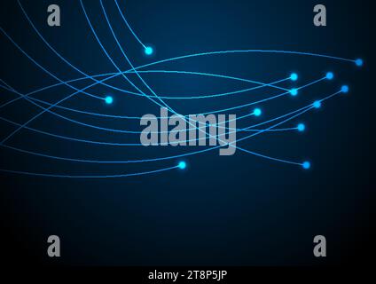 Glowing blue neon abstract futuristic hi-tech background. Blurred connection wavy lines dark vector design Stock Vector