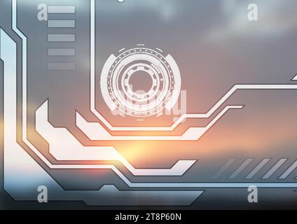 Technology futuristic geometric abstract design on sunset blurred background. Vector illustration Stock Vector