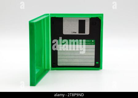 Floppy disk of 1.4 megabytes isolated on white background. Vintage storage for computer. Stock Photo