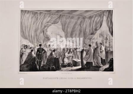 Laying of the foundation stone for the dam at Malamocco by Emperor Ferdinand I of Austria, From: Giuseppe Deyé (editor), Feste celebrate in occasione del soggiorno delle LL. SS.II.RR. aa MM. in Venezia, Venice, Giuseppe Deyé, (1839), picture plate 4, 1839, print, lithography on paper, sheet: 59.8 × 43.2 cm Stock Photo