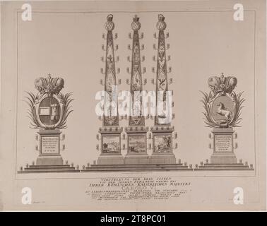 View of the fireworks pyramid and coat of arms erected for Emperor Charles VI on January 16, 1712 in front of Nuremberg. and Empress Elisabeth Christine, 1712, print, copper engraving on paper, sheet: 52.2 × 66 cm Stock Photo