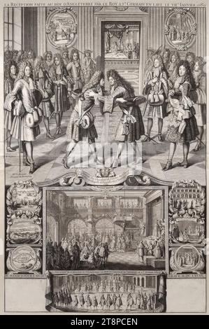 Reception of King James II of England by King Louis XIV of France in the castle of Saint-Germain-en-Laye on January 7, 1689, 1689, print, copper engraving in two parts on paper, sheet: 86.7 × 57 cm, [below] 'ALMANAC POUR L'AN DE GRACE. M.DC.LXXXX Stock Photo