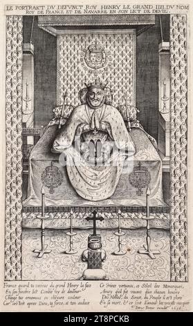 The body of King Henry IV of France on the parade bed in the Palais du Louvre in Paris in May 1610, 1610, engraving on paper, sheet: 23.3 × 14.3 cm Stock Photo