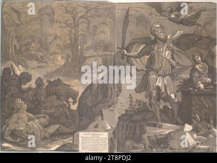 Abraham opfert Isaak, Andrea Andreani (Mantua (zwischen 1541-1559) - (zwischen 1623-1629) Mantua), 1586, Druckgraphik, Clair-obscur-Holzschnitt von fünf Druckstöcken in je vier Platten (grau) auf zehn Blättern, Blatt: 73, 5 x 105.8 cm, M.l.: „Al Ser.mo S.re il S.r Franc.o M.a della Rovere, Duca d'Vrb.o etc. /Among the noble chiaroscuro paintings that adorn the marble/ guilty floor of the Cathedral of Siena, there is that of the son of Abraham, offered in sacrifice: invention by D.nico Beccafumi painter, from Siena: which Andrea Andriani da Mantoua has reduced Stock Photo