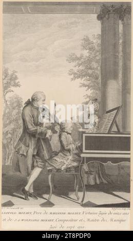 Leopold Mozart with his two children Maria Anna (Nannerl) and Wolfgang playing music, Jean-Baptiste Delafosse (Paris1721 - 1775 Paris), 1764, print, copper engraving, sheet: 35.7 cm x 20.2 cm Stock Photo