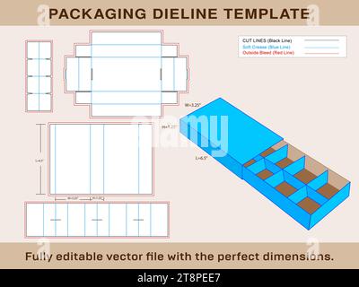 Chocolate Box Slave Lid Insert Die line Template and 3d Box Editable Vector File. Stock Vector
