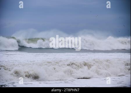 Raging huge waves during an incredibly powerful storm in the Black Sea. Stock Photo