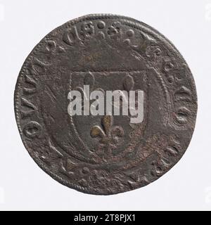 Counting token with fleur-de-lys shield and cross, 13th-15th century, Numismatics, Coinage, Bronze, Dimensions - Work: Diameter: 2.6 cm, Weight (type size): 2.17 g Stock Photo