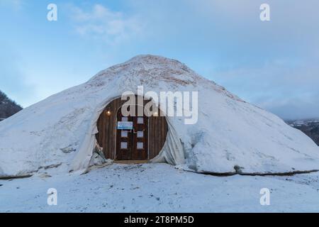 emergency exit only door of the Snowhotel Ice Hotel at Kirkenes, Finnmark, Norway, Scandinavia, Europe in October Stock Photo