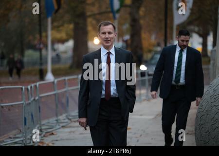 London, UK. 21st Nov, 2023. Chancellor JEREMY HUNT is seen near downing street. The Chancellor of the Exchequer is expected to announce a series of tax cuts in this year's Autumn Statement, which he will deliver to Parliament tomorrow (Wednesday). Photo credit: Ben Cawthra/Sipa USA Credit: Sipa USA/Alamy Live News Stock Photo