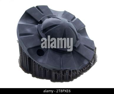 Black abstract object printed on 3D printer from photopolymer isolated on white background. SLA. Model 3D printed from liquid resins. Progressive additive 3D printer printing technology. Sla-printing. Stock Photo