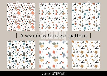 Terrazzo seamless patterns. Repeated granite texture. Natural stone material imitation. Trendy Italian design. Abstract particles. Wall and floor tile Stock Vector