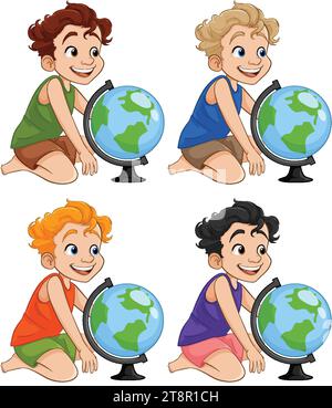 A cheerful boy sitting with a world globe toy, depicted in a cartoon vector style Stock Vector