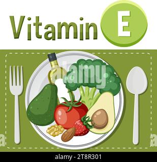 Learn about vitamin E-rich foods in a fun cartoon illustration Stock Vector