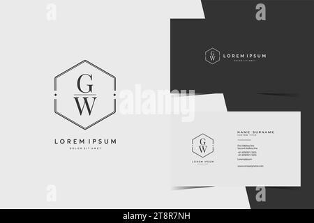 simple GW hexagon initials logo monogram with minimalist business card vector design template Stock Vector